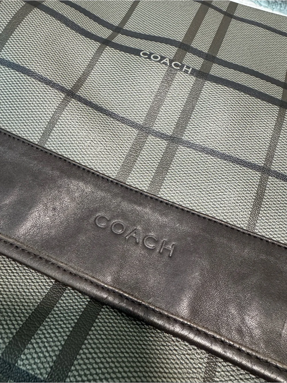 Coach Men's Plaid Messenger Bag in Gray with Dark Brown Trim